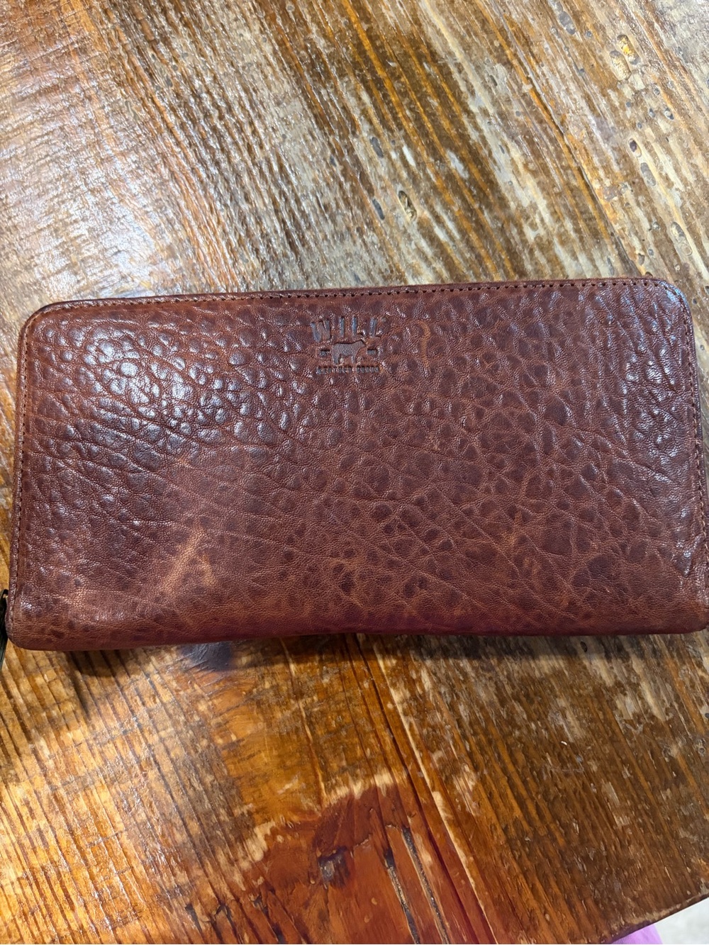 Will Leather Goods Brown Pebbled Leather Zip Wallet
